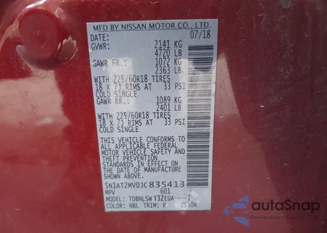 2018 Nissan Rogue Sl from USA, damaged, VIN 5N1AT2MV0JC835413